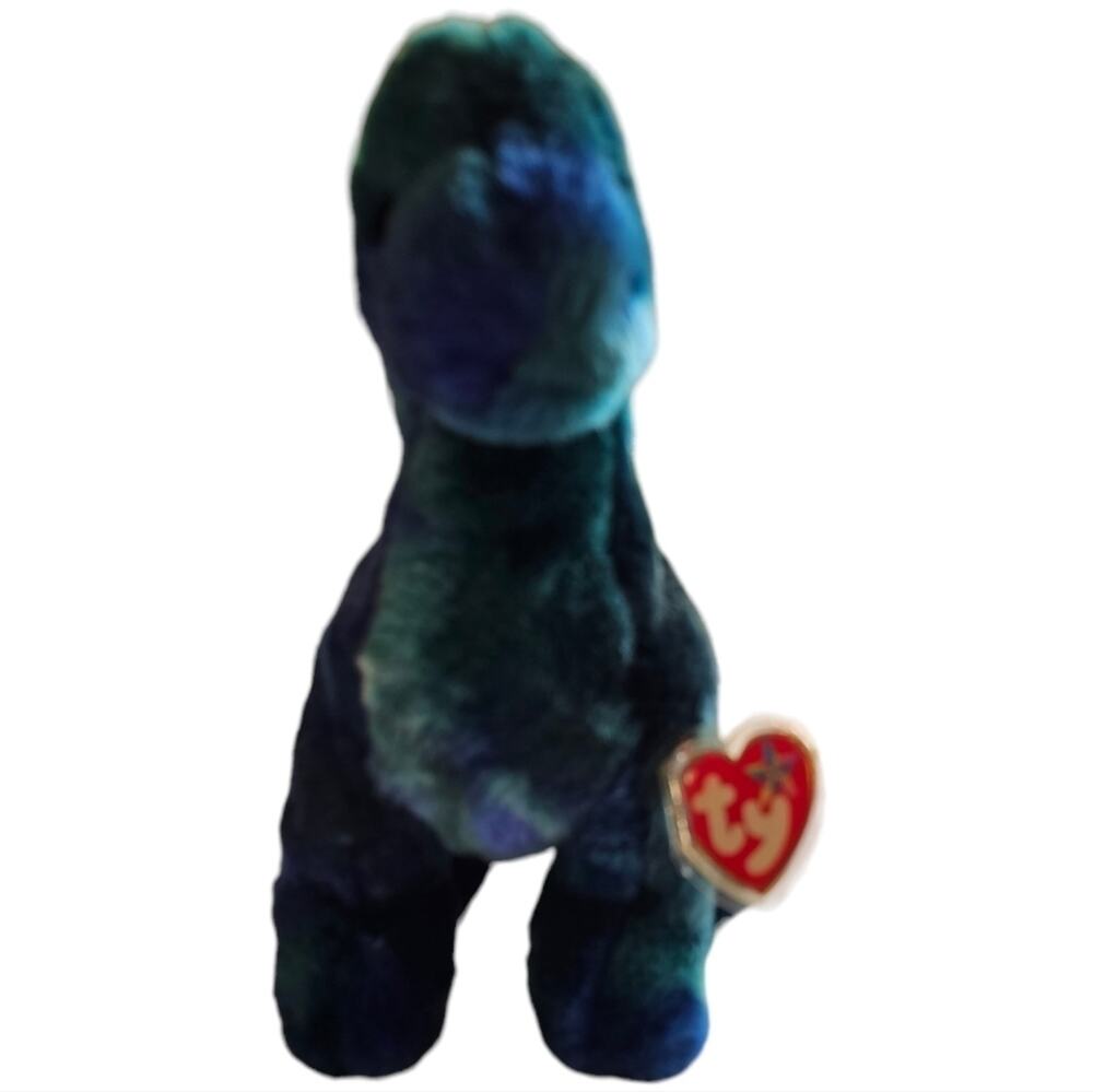 TY Beanie Buddies BRONTY Blue Green Longneck Dinosaur 12" Plush Tie Dye 1999